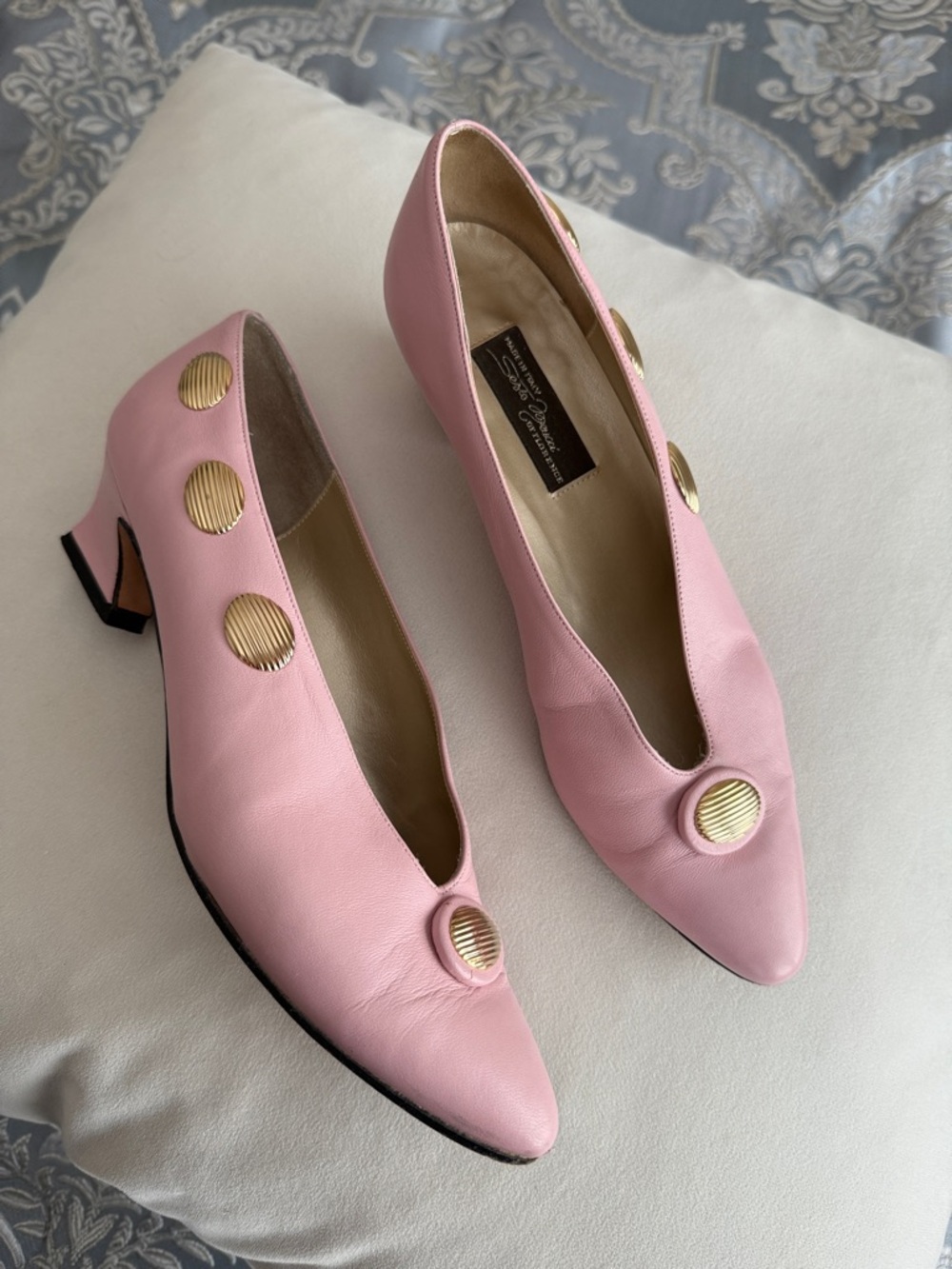 Sesto Meucci Pink Leather Gold Button Vintage Italian Designer Kitten Heel 7.5 - Picture 7 of 7